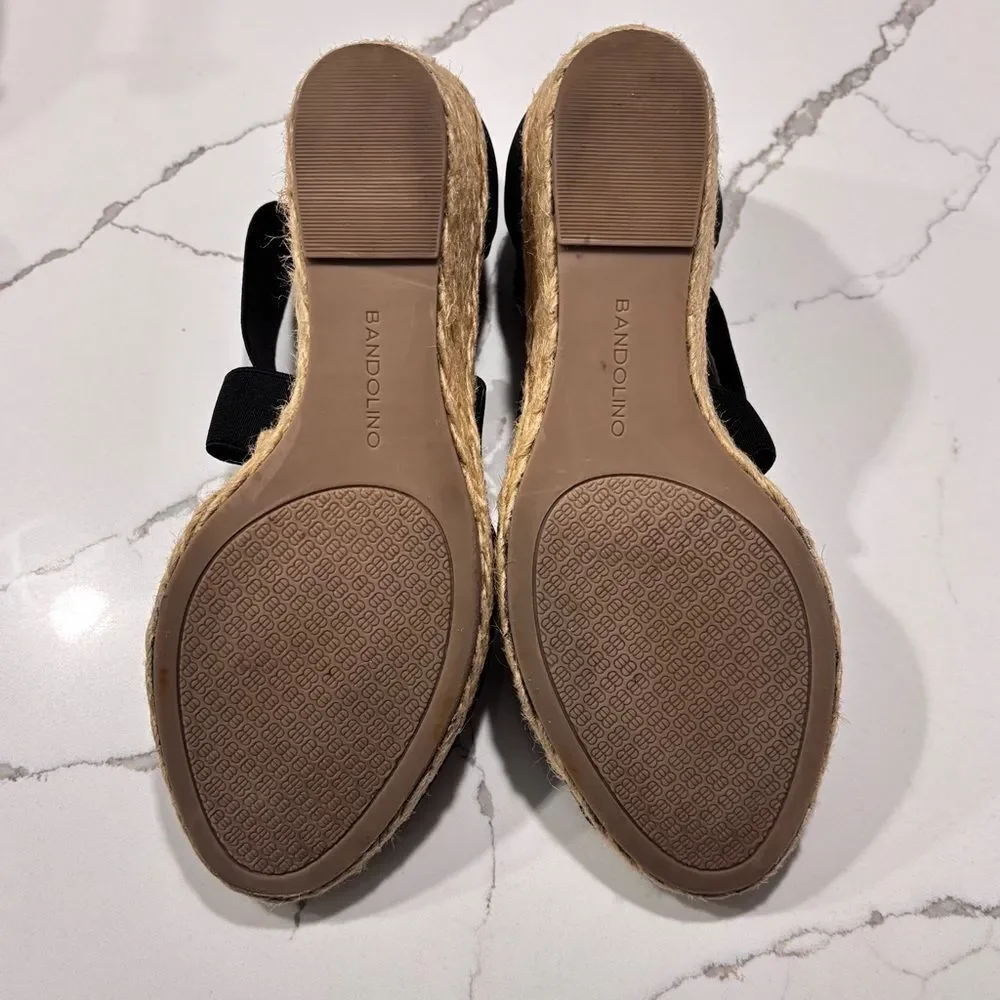 Bandolino | Rattan Hullen Black Wedge Sandals Heels Elastic Ankle Straps SZ 8.5
